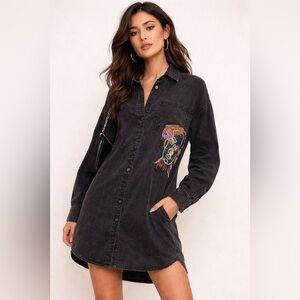 ZARA Embroidered Black Button-Up Shirt Dress XS-M $100